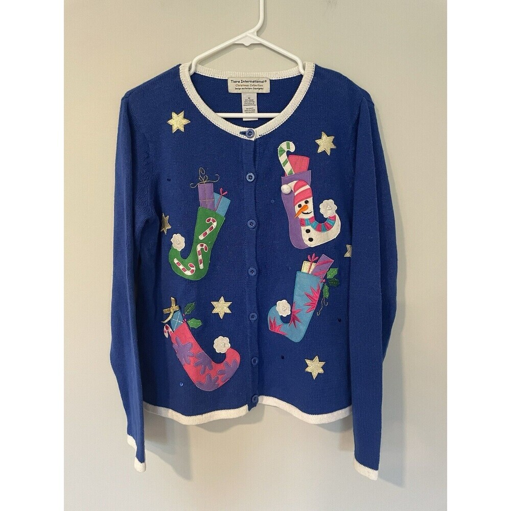 Tiara International Christmas Collection Sweater Cardigan Embroidered Sz M Blue